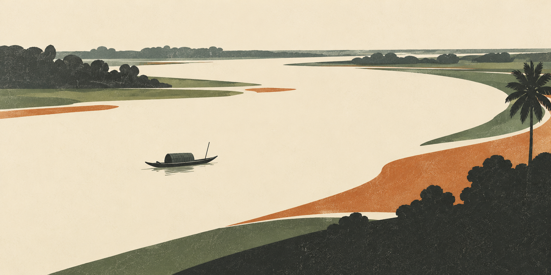 Minimal editorial illustration of a boat on a Bangladesh river