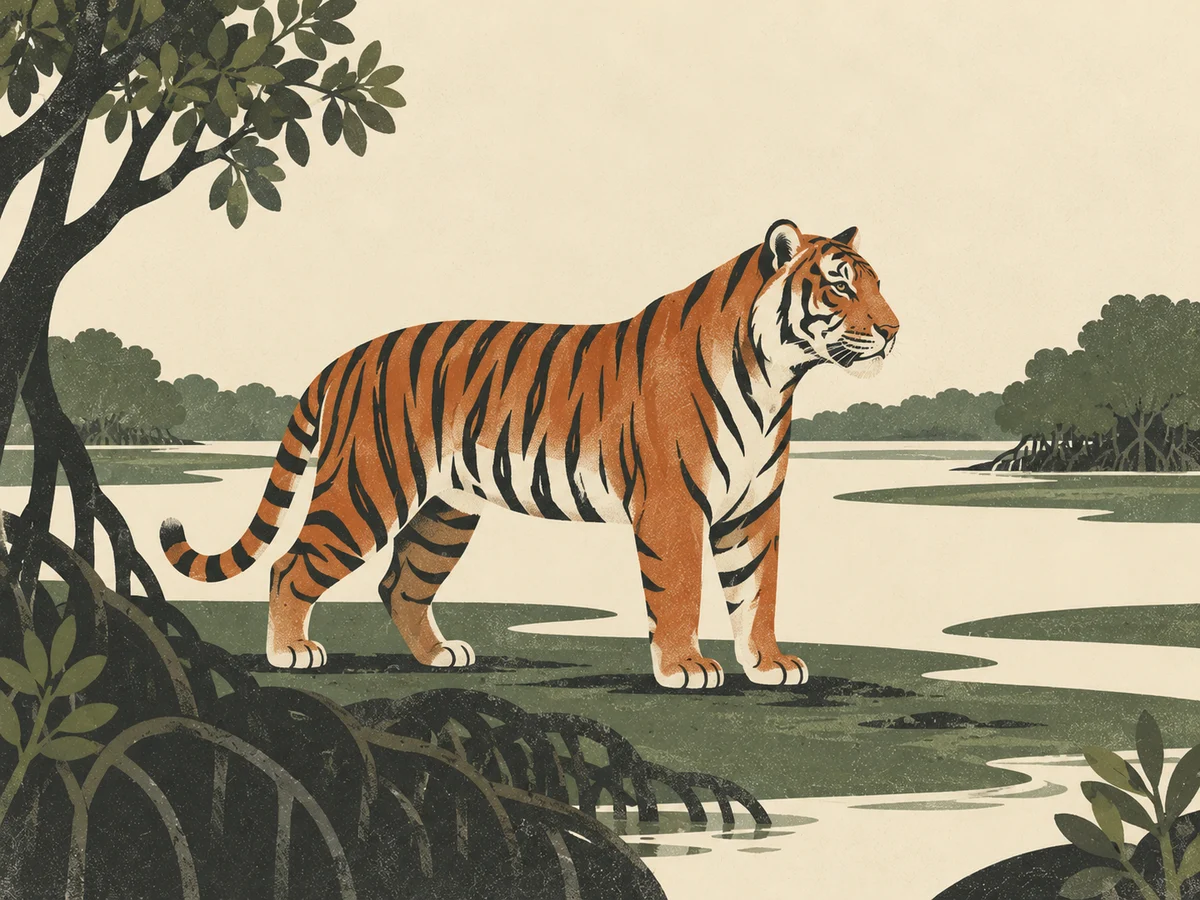 Paper-textured illustration of a Royal Bengal tiger among the Sundarbans mangroves