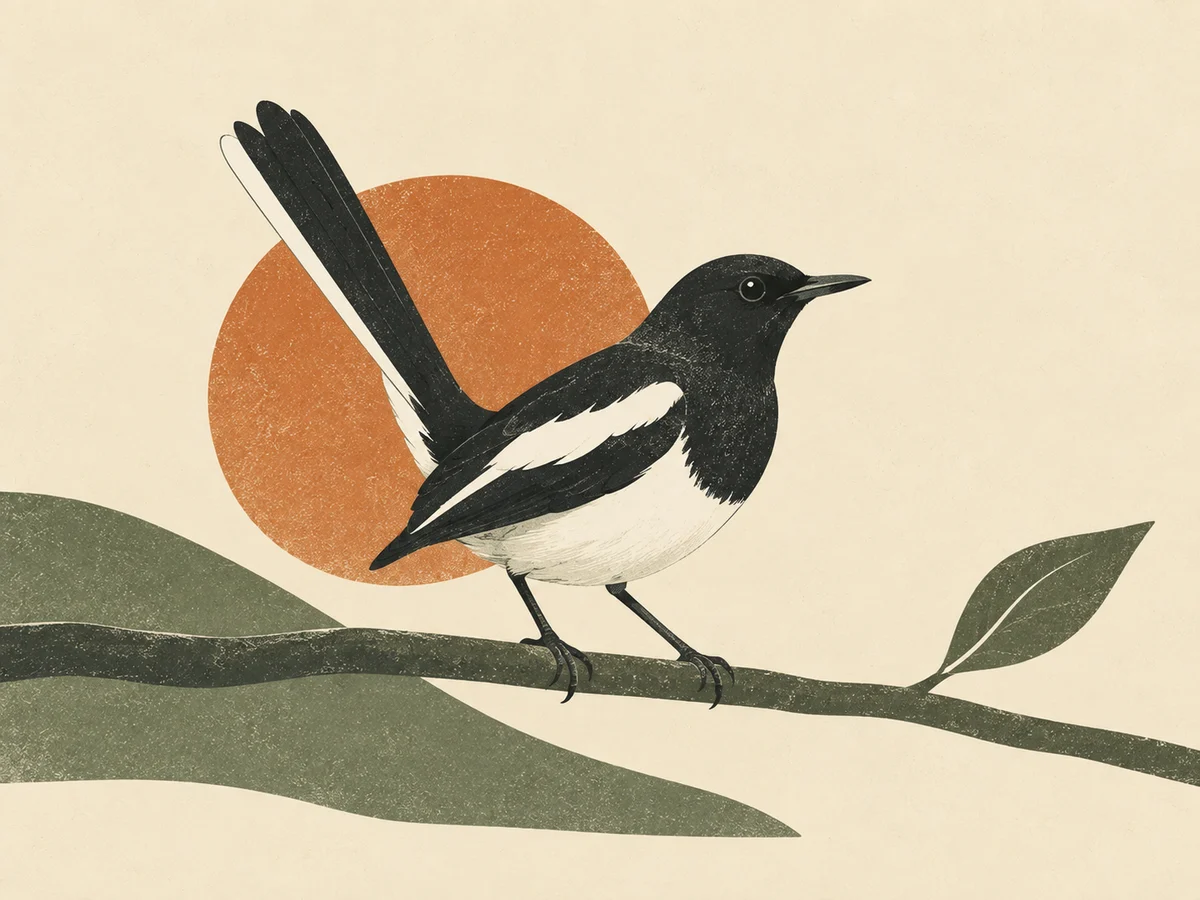 Paper-textured illustration of a black-and-white Doel, an Oriental magpie-robin, perched on a branch