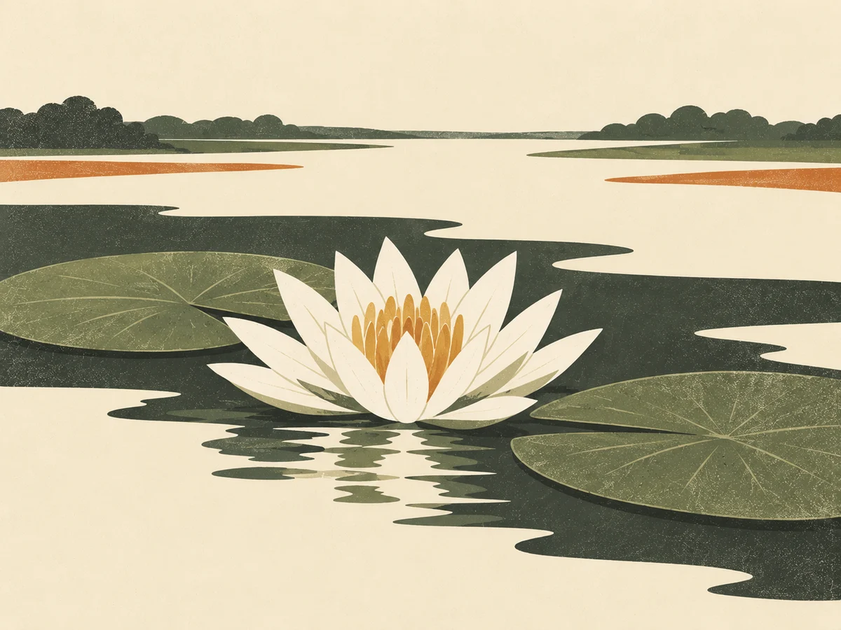 Paper-textured illustration of a white Shapla water lily floating among green lily pads