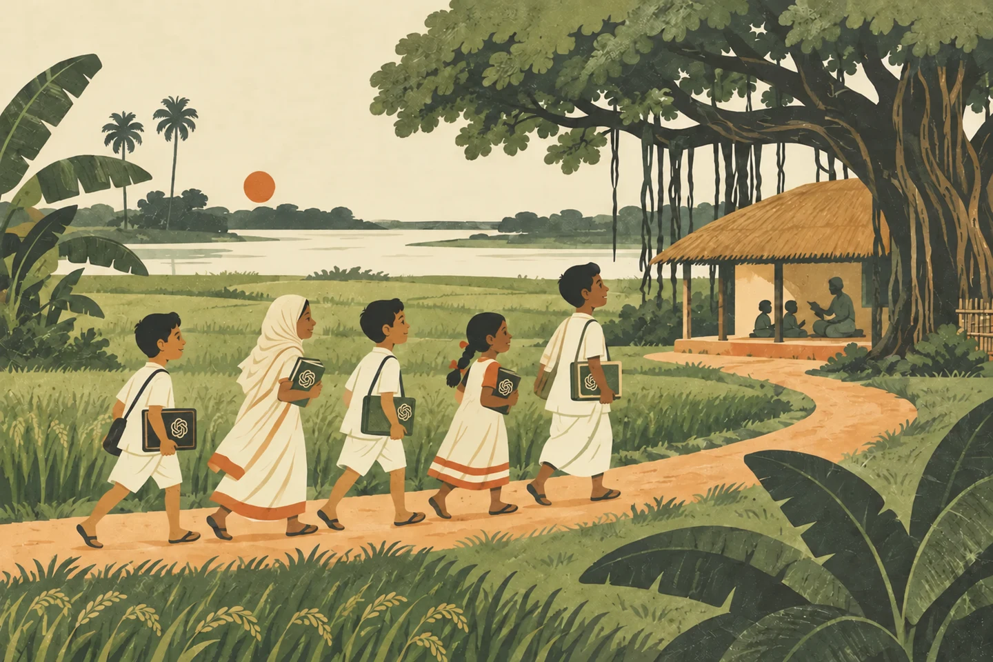 Nostalgic illustration of Bangladeshi students, including one girl wearing a cream hijab, carrying books with OpenAI logos to a village pathshala beneath a banyan tree