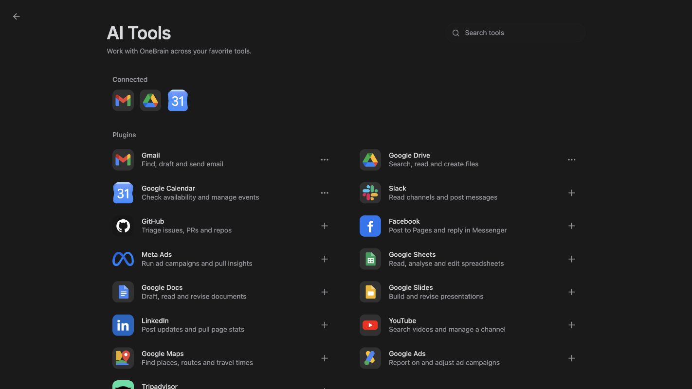 OneBrain AI Tools interface showing Gmail, Google Drive and Calendar connected, with Slack, GitHub, Facebook and other apps available to connect